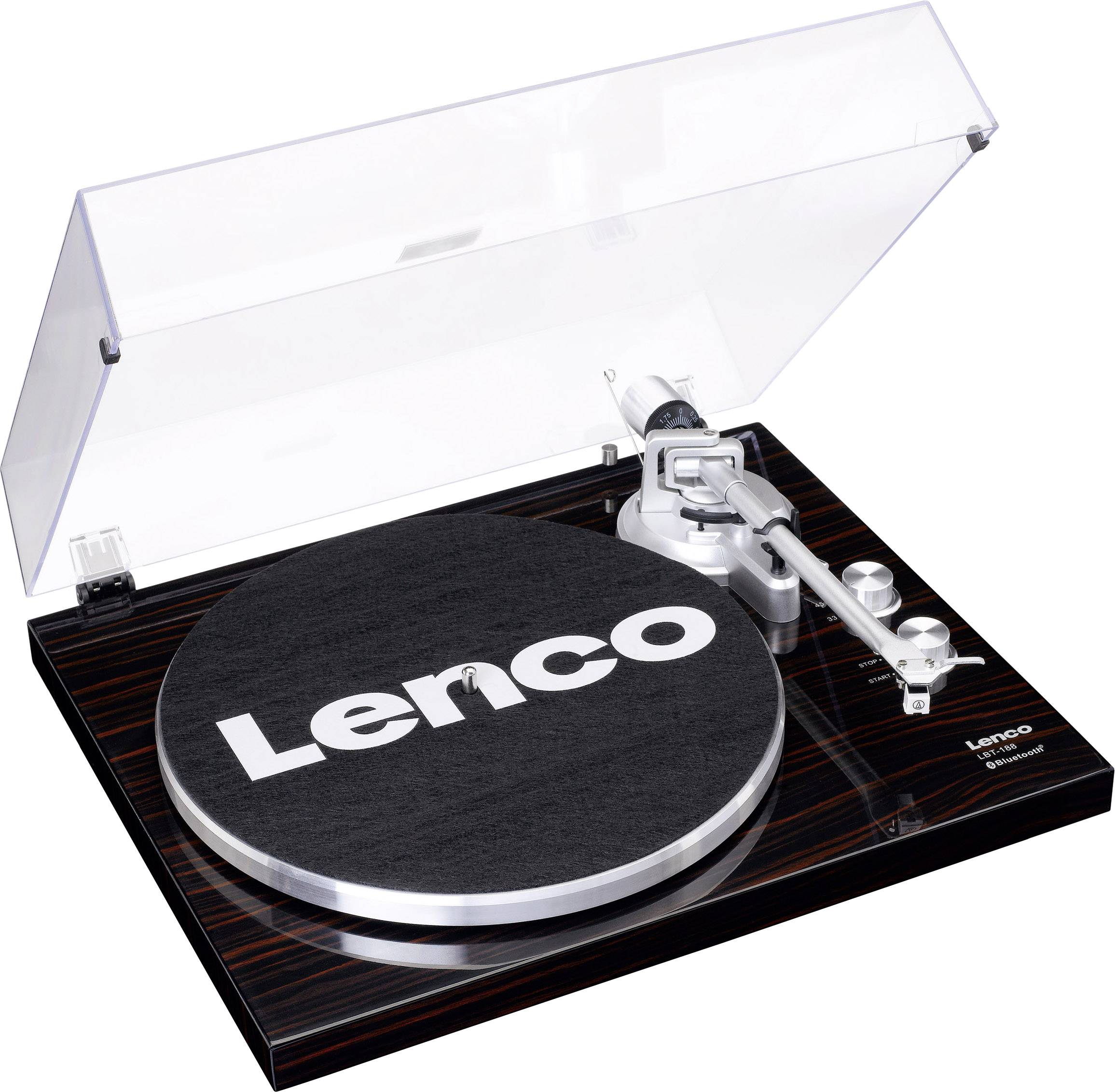 Klasický gramofon značky Lenco s průhledným krytem, černým tělem a stříbrným ramenem, ideální pro milovníky vinylových desek.