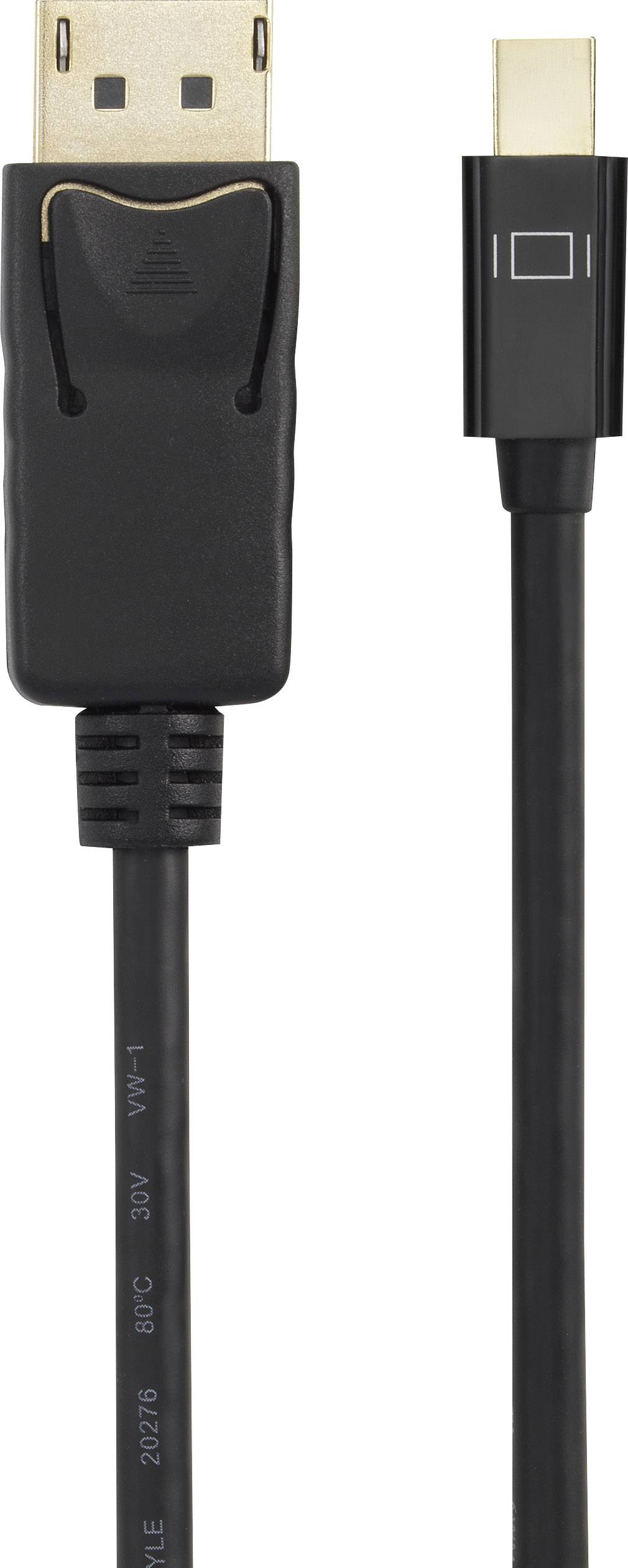 Kabel DisplayPort na Mini DisplayPort znázorňuje standardní konektor DisplayPort vlevo a miniaturní konektor vpravo. Ideální pro přenos videa.