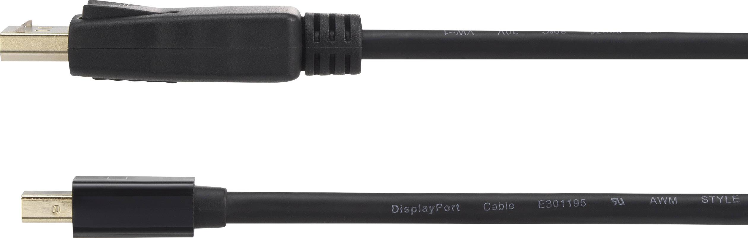 Černý DisplayPort kabel se zlatými konektory, který se připojuje k počítačovým monitorům pro přenos videa a audia.