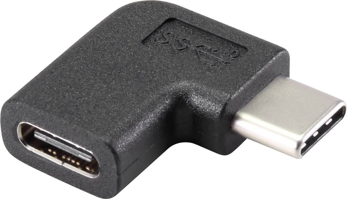 Černý USB-C úhlový adaptér s mužským a ženským konektorem, který se používá k propojení zařízení v těsných prostorech.