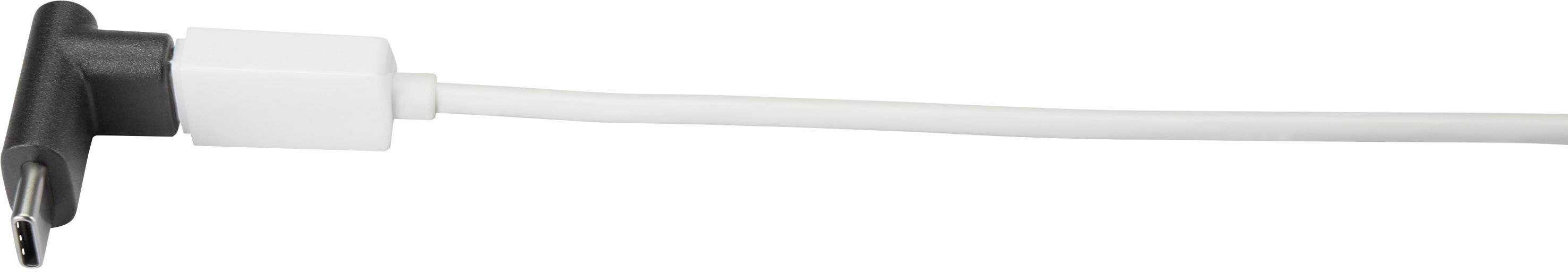 Bílý USB kabel s černou pravoúhlou koncovkou na jednom konci.