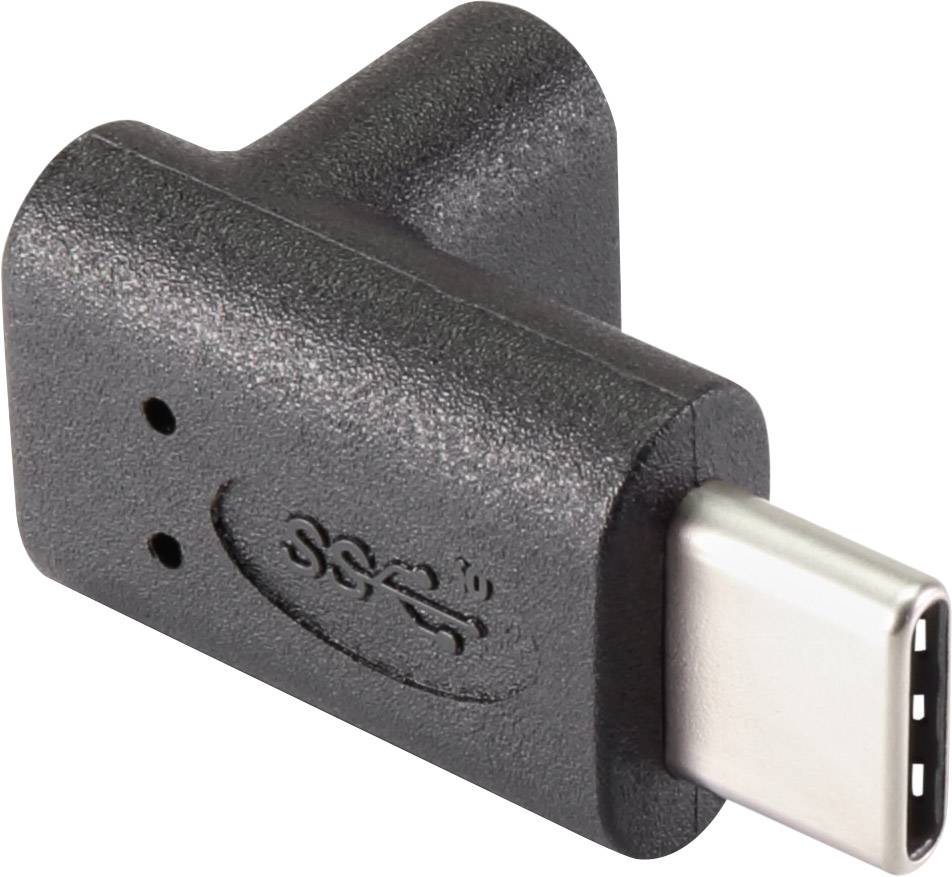 Černý USB-C adaptér, lomený, s logem USB.