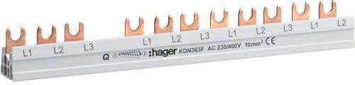 Hager KDN363F fázová lišta s osmi měděnými svorkami pro distribuci elektrického proudu. Vhodná pro AC 230/400V, 10mm², označená L1, L2, L3.
