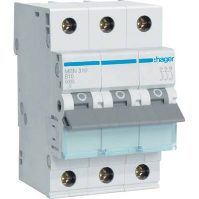 'Třípólový jistič od Hageru, model MBN 310 B10, 400 V, 5000 A. Pohled zepředu na šedý jistič s modrým označením.'