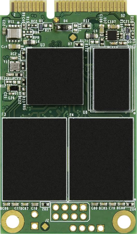 Zelená mSATA SSD deska se zlatými kontakty a několika černými čipy pro paměť a řadič.
