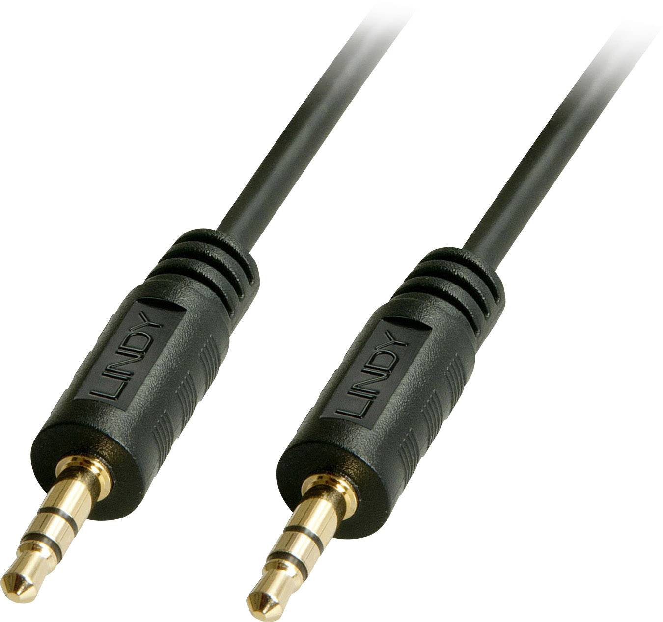 Dva černé audiokabely s 3,5mm jackovými konektory, používané pro připojení audio zařízení.