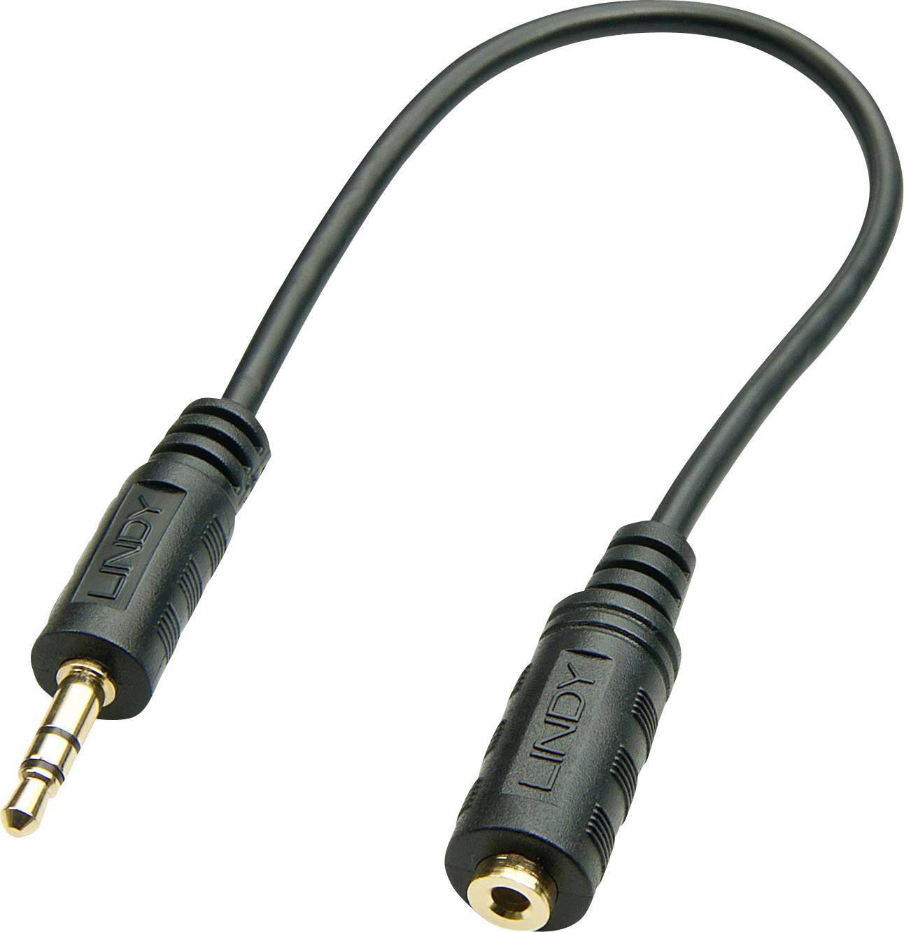 Černý audio kabel s 3,5mm jack konektorem na jedné straně a 3,5mm jack zdířkou na straně druhé.