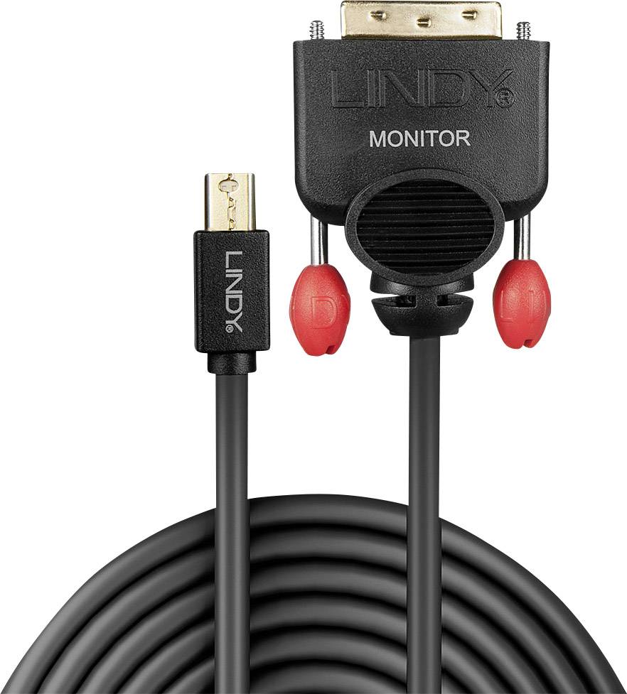 Dlouhý černý monitor kabel s konektorem VGA a zástrčkou Mini DisplayPort, obojí černé se zlatými kontaktními body.