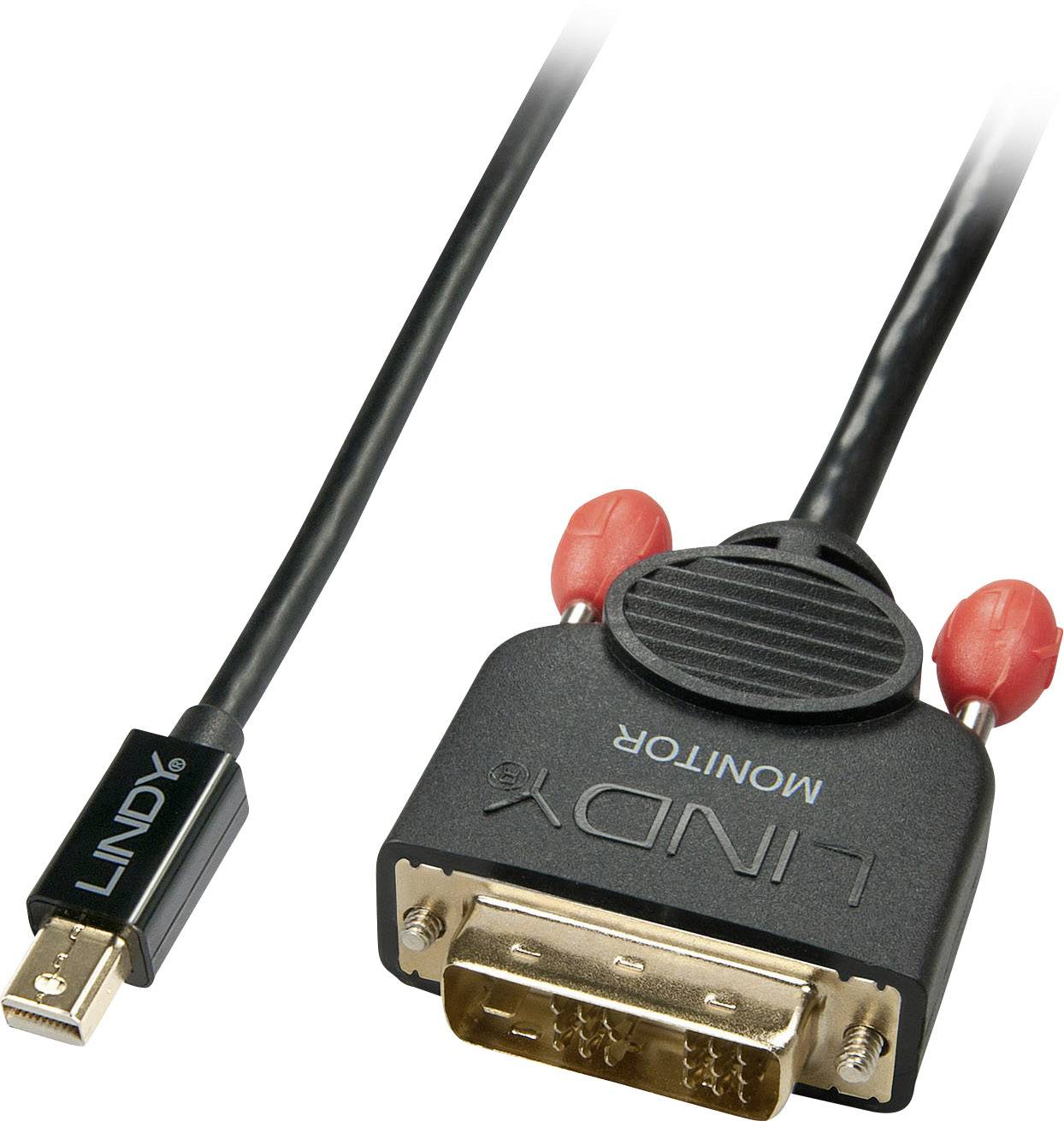 Černý adaptérový kabel z Mini DisplayPort na DVI. Konektor DVI má červené šroubovací uzávěry, konektor Mini DisplayPort je malý.