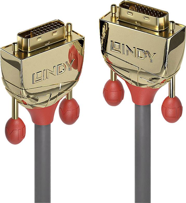 Dva zlatohnědé DVI kabely s červenými konektory, označené značkou 'LINDY'.