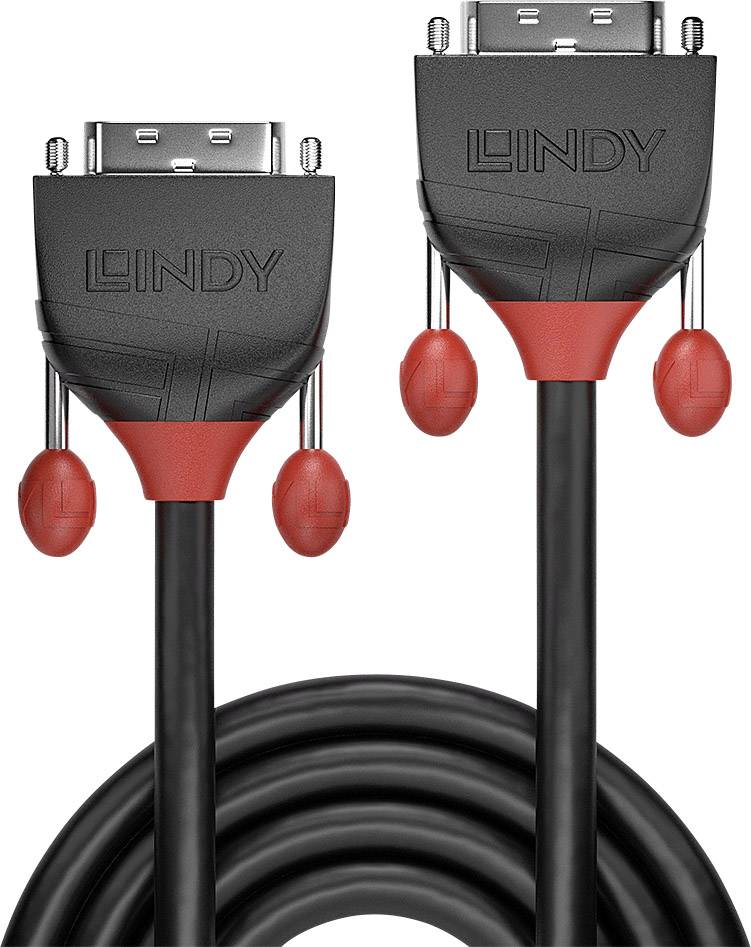 Černý kabel s dvěma VGA konektory, označený nápisem 'Lindy'. Konektory jsou v červeno-černém provedení.