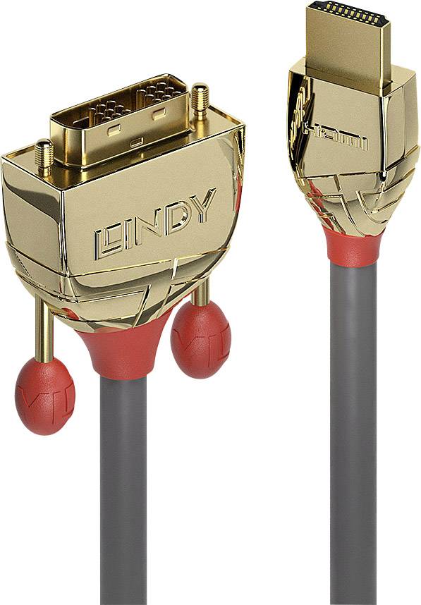 Zlatý DVI-HDMI adaptér s červeným konektorem a černým kabelem, vhodný pro připojení mezi digitální audio a video zařízení.