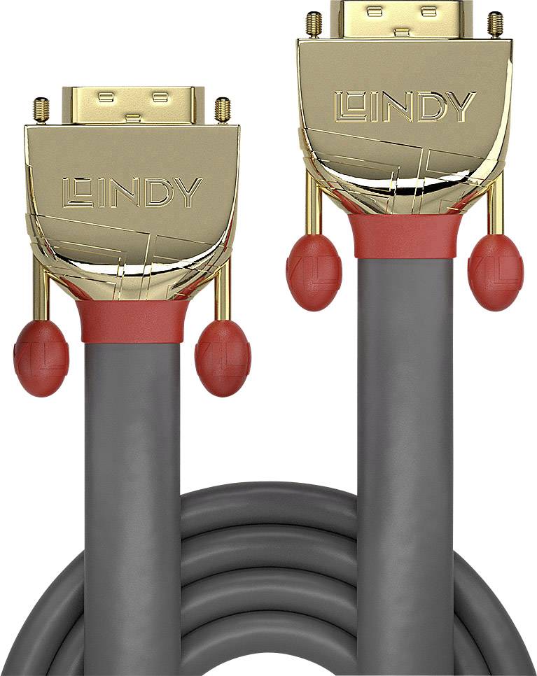 Dva zlaté HDMI kabely s červeným a černým designem od společnosti 'LINDY', svinuté a připravené k propojení zařízení.