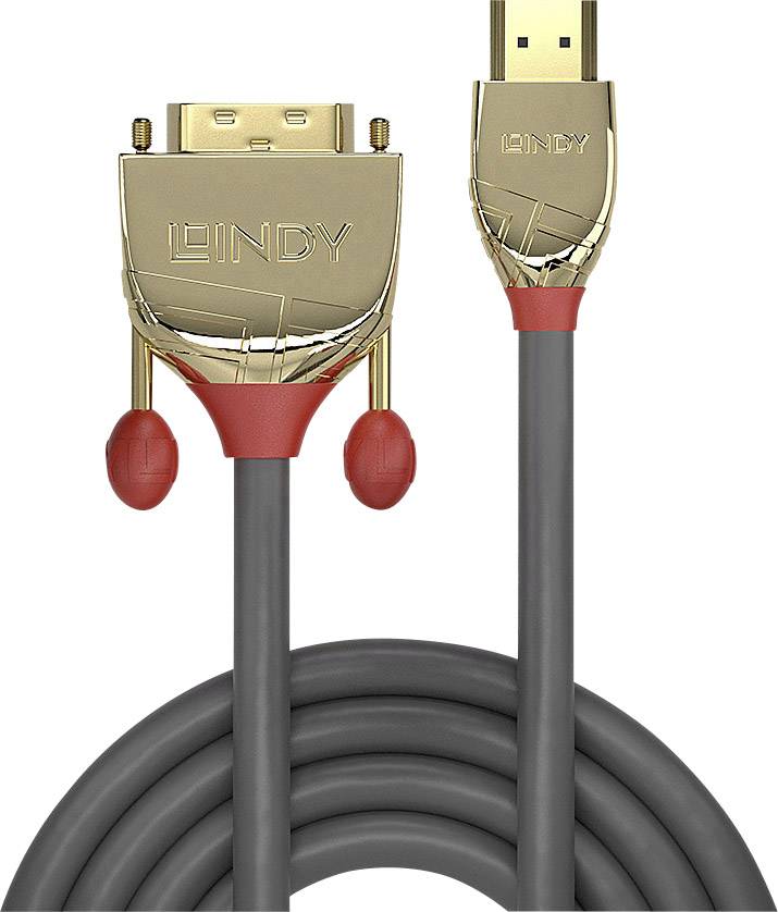 Zlatý HDMI-DVI kabel od Lindy ukazuje konektory a kabel pro vysoce kvalitní video a audio připojení.