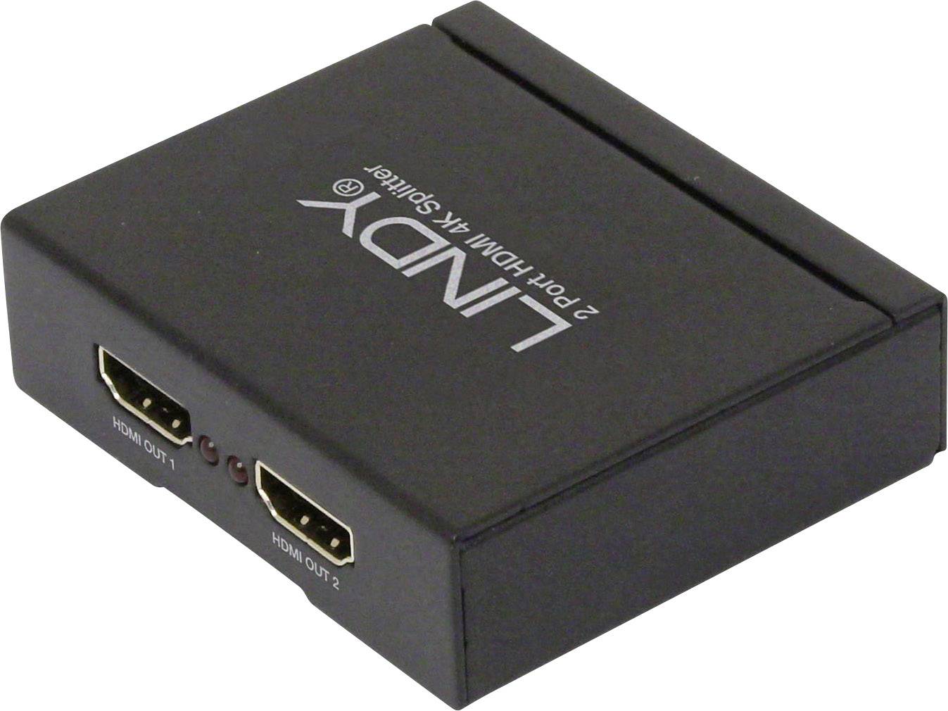 Černý HDMI rozbočovač od společnosti Lindy se dvěma výstupy, označenými jako 'HDMI OUT 1' a 'HDMI OUT 2', určený pro distribuci obrazového a zvukového signálu.