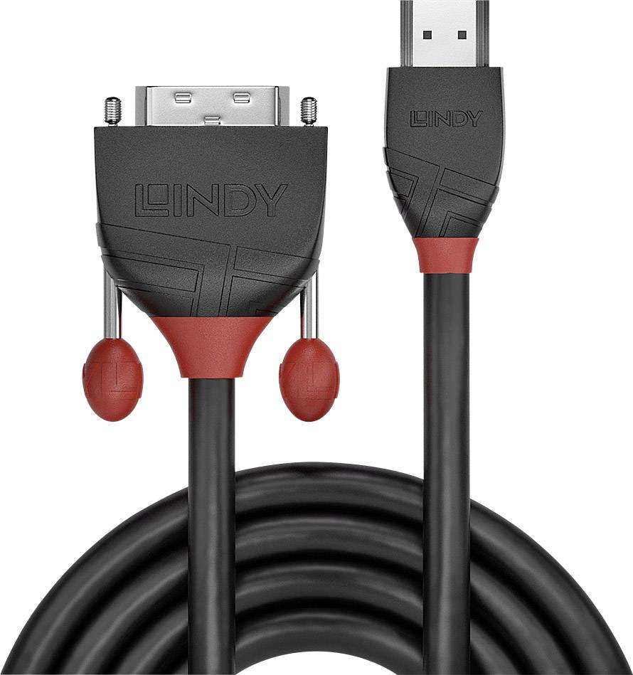 Černý linkový kabel Lindy, který má HDMI konektor a speciální širší konektor s červeným lemováním.
