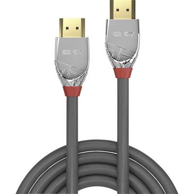 Šedý HDMI kabel se dvěma stříbrnými konektory, každý s červeným detailem na koncovce, vhodný pro audiovizuální připojení.