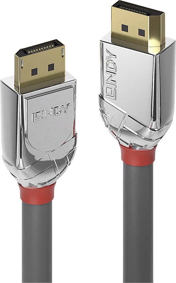 Dva DisplayPort kabely s kovovými konektory a červeným prstencem. Název značky 'LINDY' je vyrytý na pouzdrech konektorů.