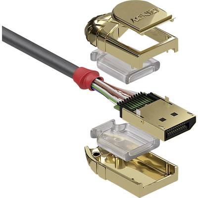 Rozložený pohled na RJ45 konektor s odšroubovanými díly a odhalenými kabely v různých barvách.