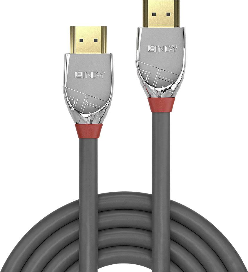 Šedý HDMI kabel se stříbrnými konektory a červenými akcenty, ukazuje značku.