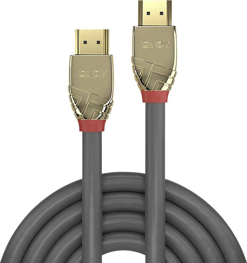 HDMI kabel se zlatými konektory a šedým kabelem. Na konektorech je viditelné označení 'Lindy'.