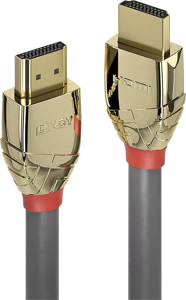 Dva zlaté konektory HDMI se zlatými konektory s červenými akcenty a šedými kabely. Jsou umístěny vedle sebe a ukazují konektory.