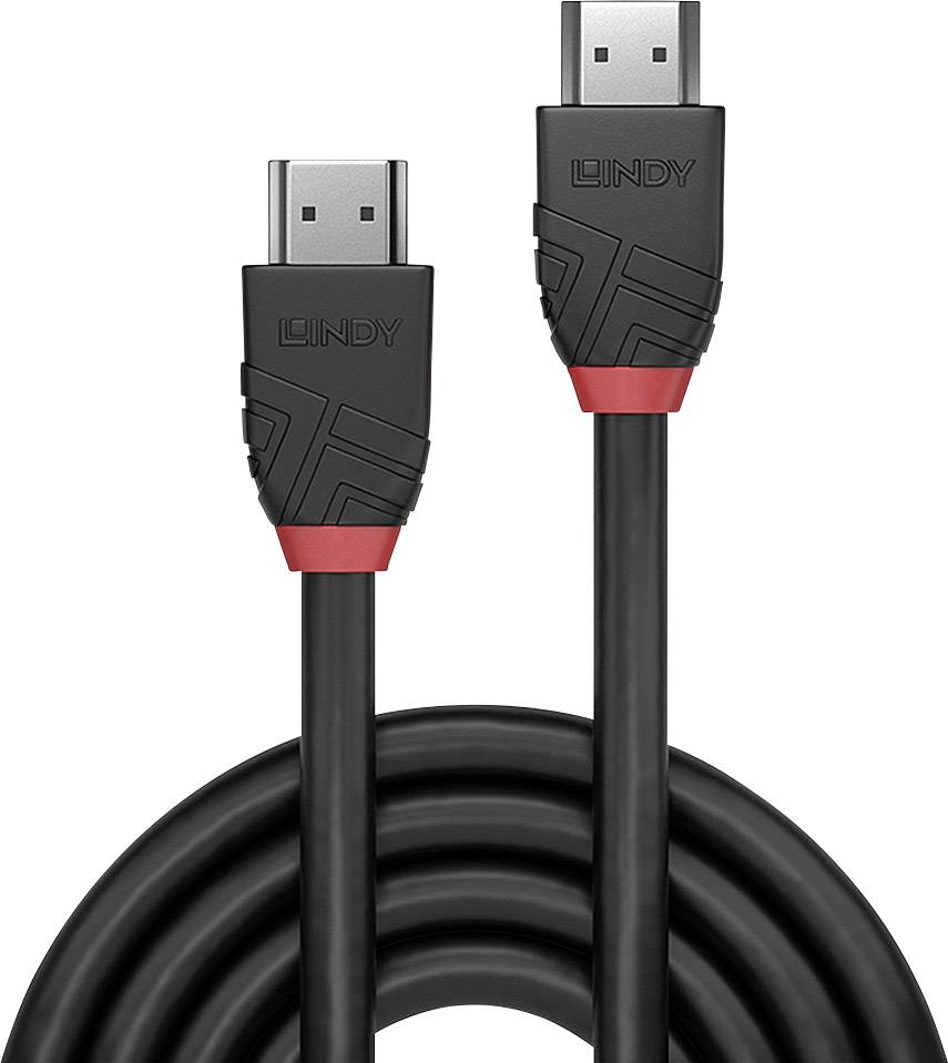 Černý HDMI kabel s červenými akcenty a označením 'LINDY', určený pro propojení audio a video zařízení.