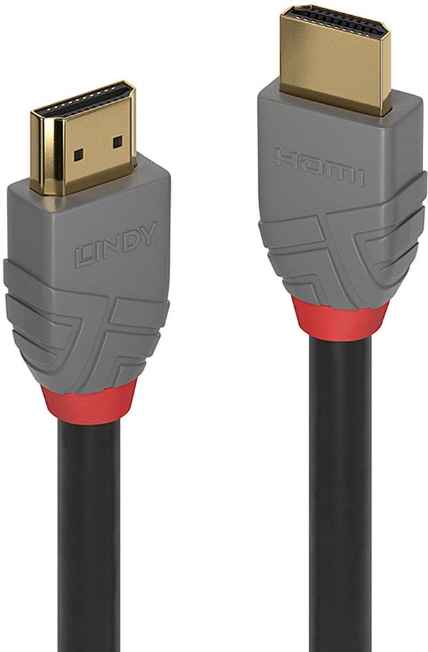 HDMI kabel se šedými konektory a červeným prstencem. Konektor vlevo je označen nápisem 'LINDY', konektor vpravo nápisem 'HDMI'.