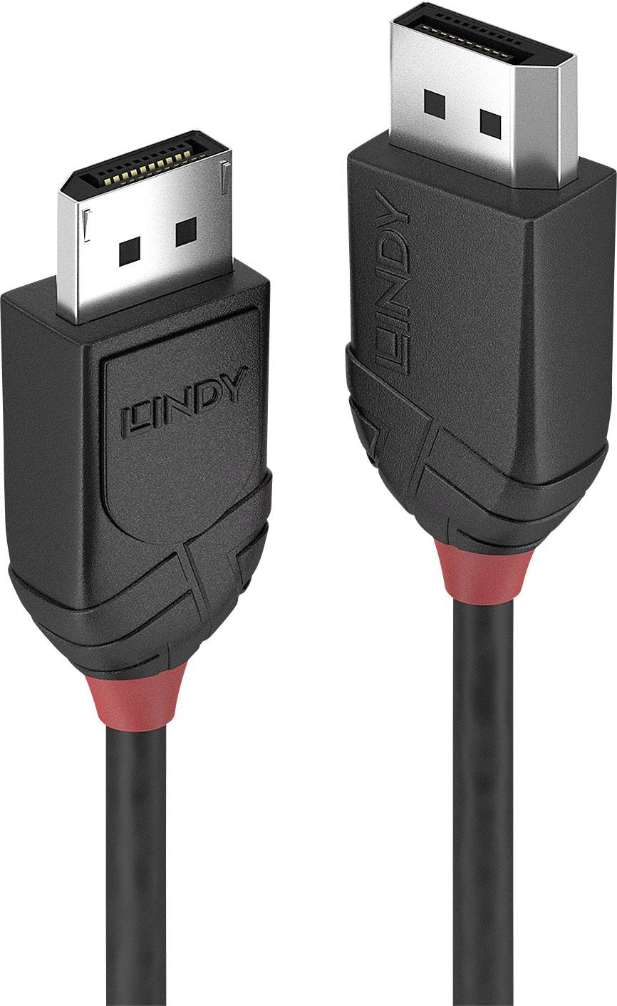 Černý DisplayPort kabel se dvěma konektory, které mají černé a červené detaily, na bílém pozadí.