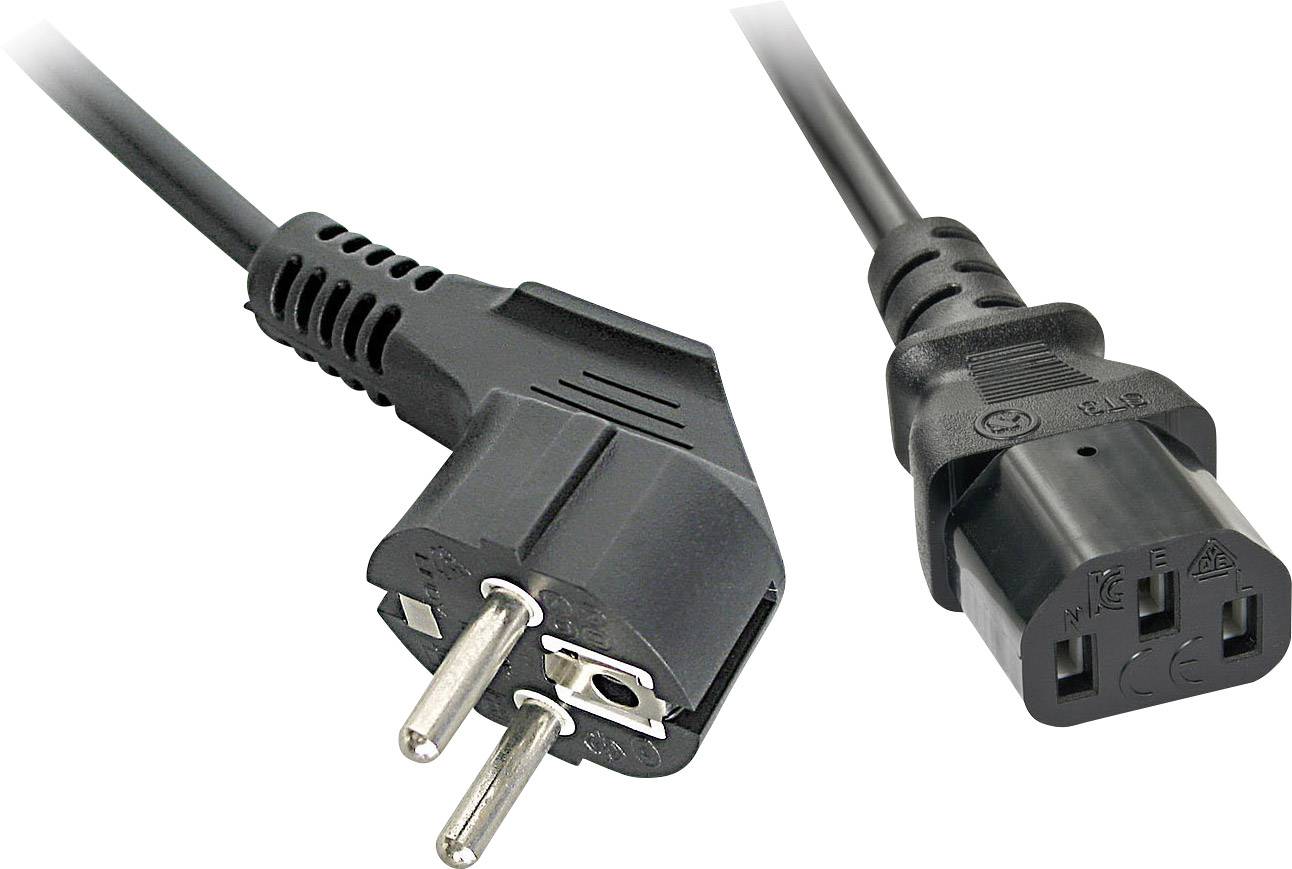 Napájecí kabel se Schuko zástrčkou vlevo a IEC přístrojovou zástrčkou vpravo; typický připojovací kabel pro elektrické spotřebiče.