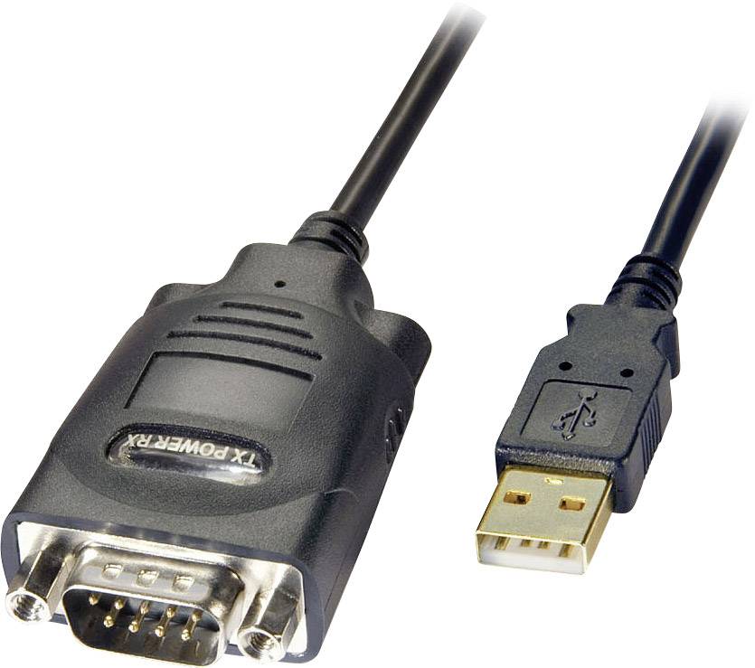 Adaptační kabel USB na RS232 zobrazuje USB připojení na jedné straně a RS232 port na straně druhé.