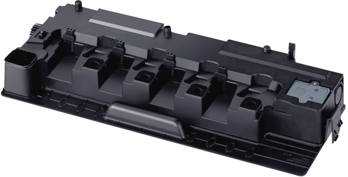 Černý tiskařský toner, obdélníkového tvaru, s několika prohlubněmi a přípojkami, vhodný pro použití v laserových tiskárnách.
