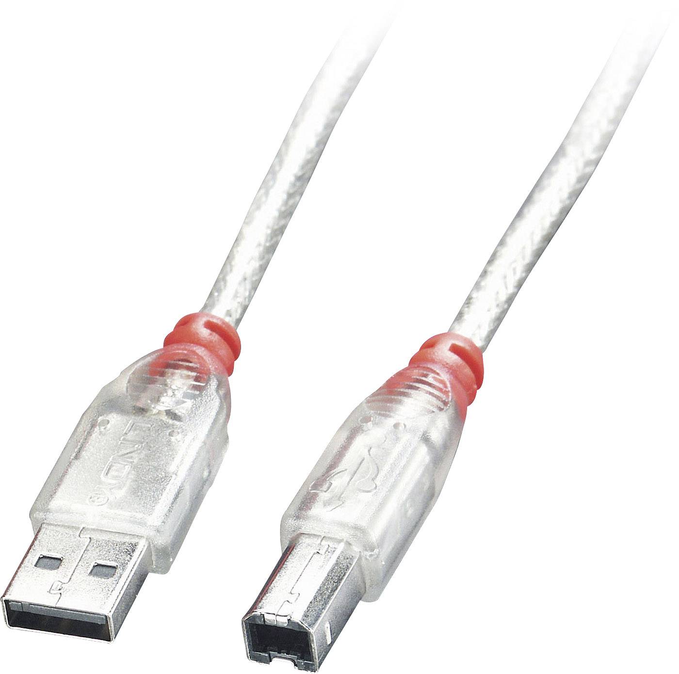 Průhledný USB kabel se dvěma různými konektory: standardním USB-A a čtvercovým FireWire konektorem.