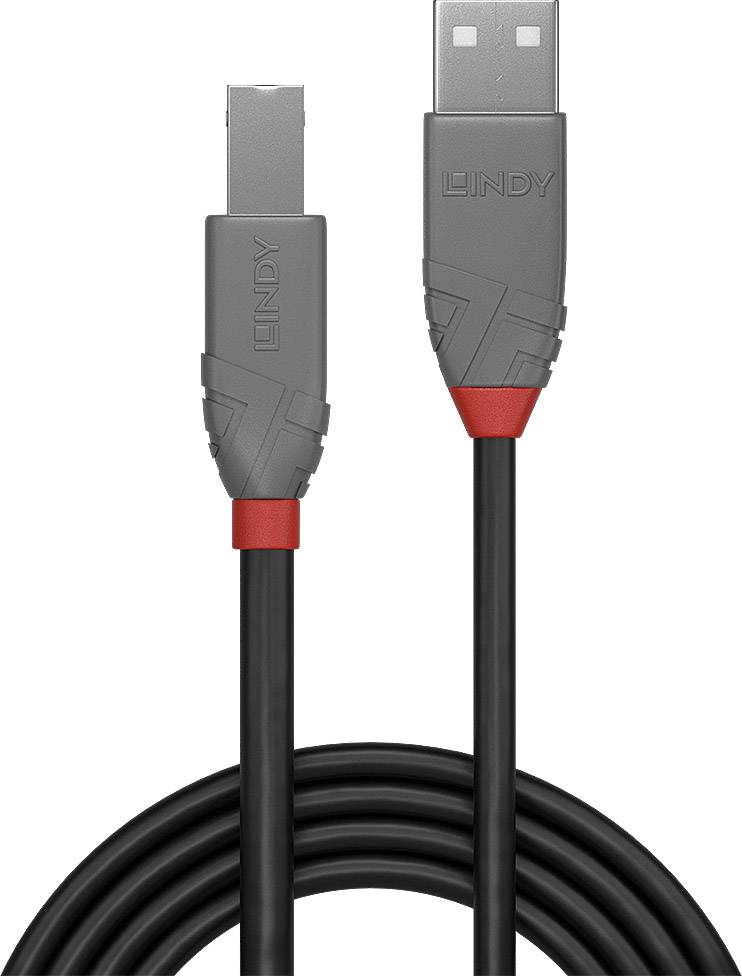 USB kabel s černočerveným designem a dvěma různými typy konektorů: USB-A na USB-B.