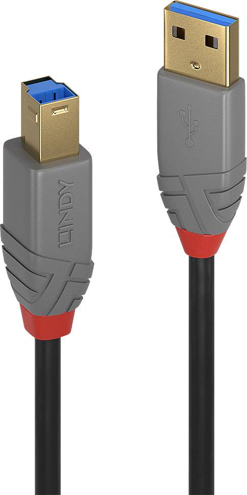 USB kabel s USB-A a USB-B konektory, typicky používaný pro připojení počítačů k externím zařízením, jako jsou tiskárny.