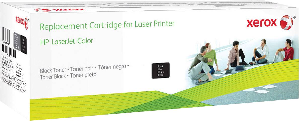 Náhradní toner pro laserové tiskárny, HP LaserJet Color. Obal zobrazuje černobílý text a sedící skupiny osob.
