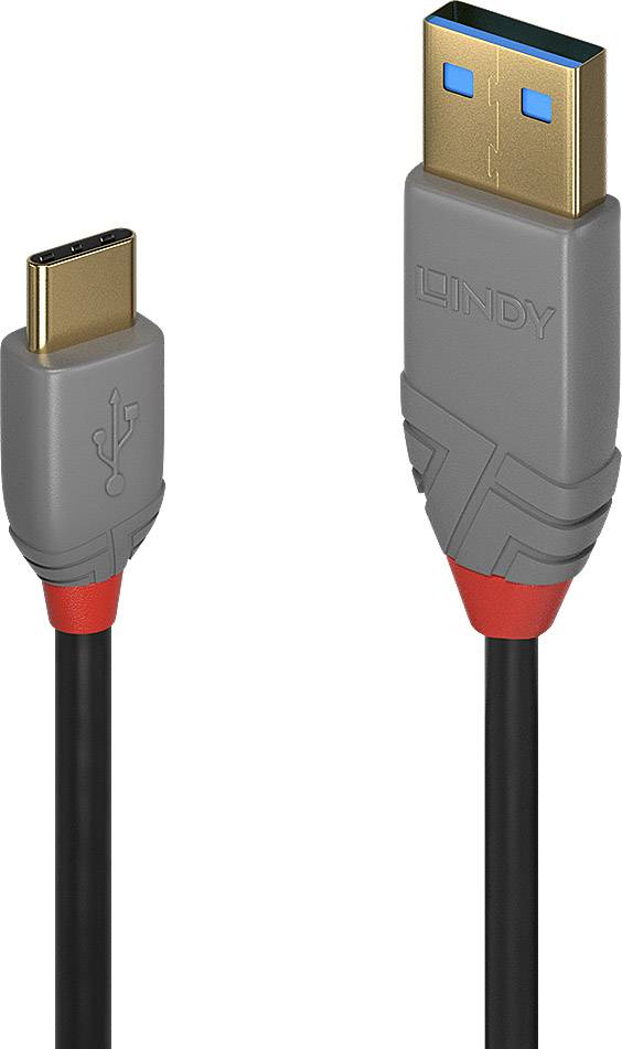 USB kabel s konektory USB Typ-C a USB Typ-A, vhodný pro přenos dat a nabíjení. Konektory jsou šedé s červenými akcenty.