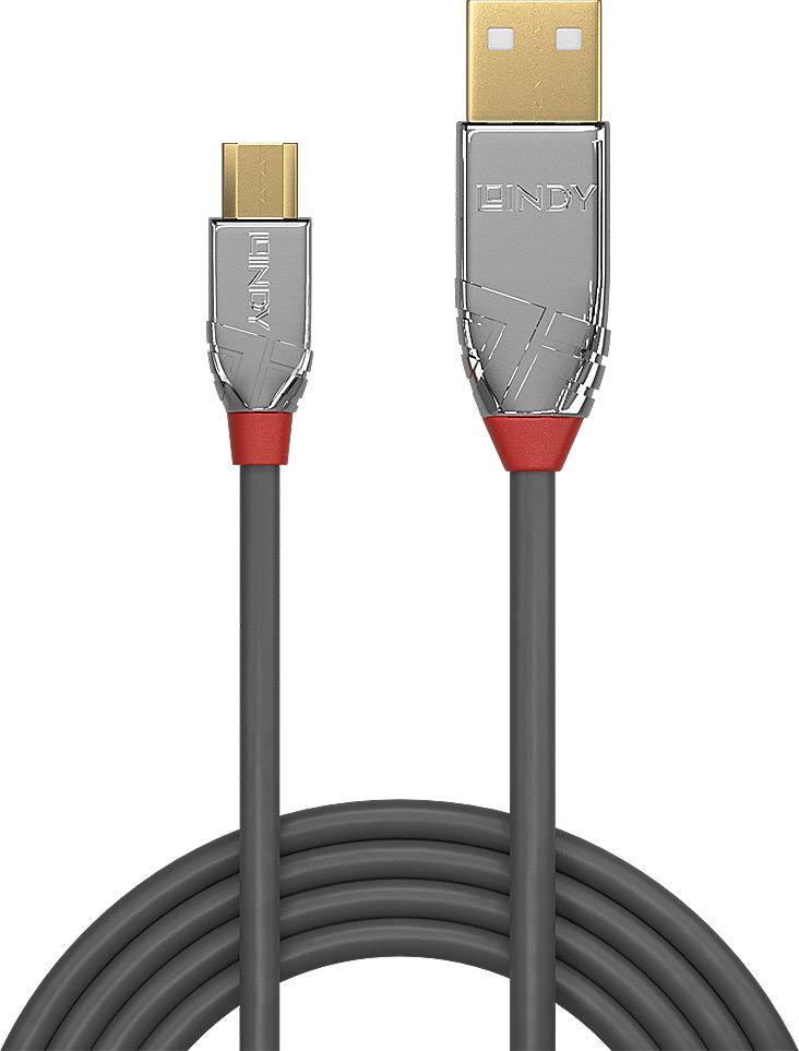 USB kabel s USB-A a USB-C konektory, oba stříbrné barvy s červenými akcenty. Ideální pro propojení zařízení s různými typy připojení.