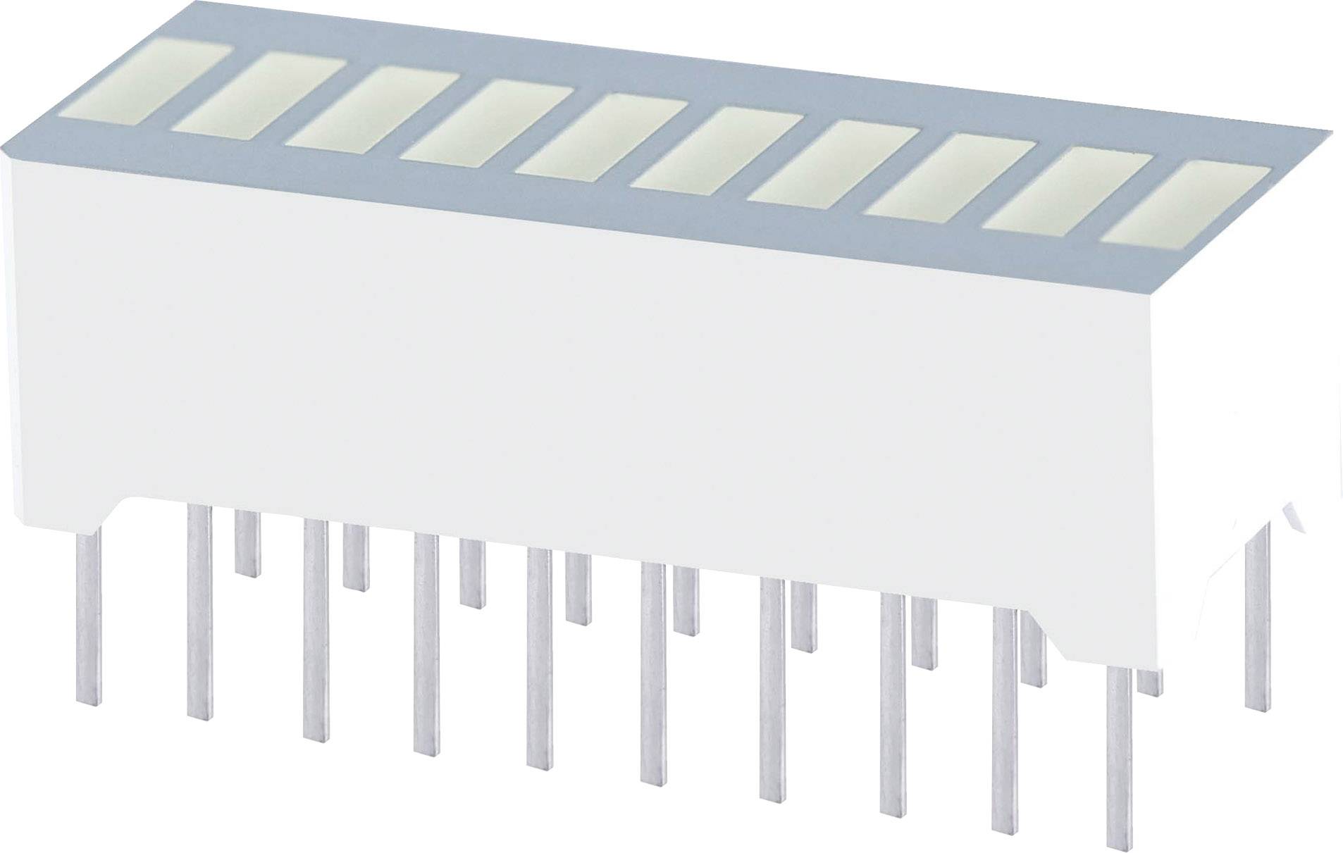 Elektronická součástka: LED bargrafový displej s deseti světelnými segmenty v obdélníkovém pouzdře s několika připojovacími vývody.