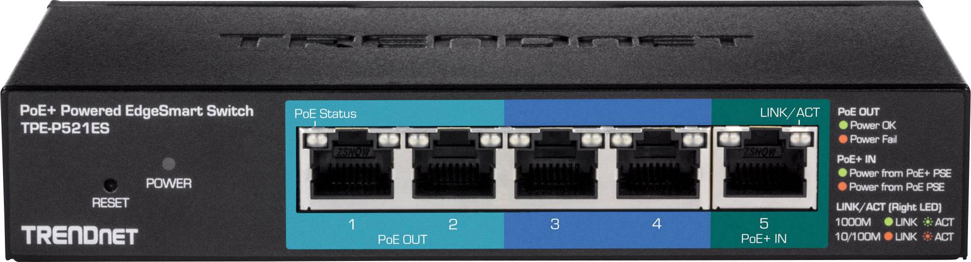 Síťový PoE+ Switch EdgeSmart TPE-P521ES s pěti ethernetovými porty a stavovými LED diodami pro správu sítě.