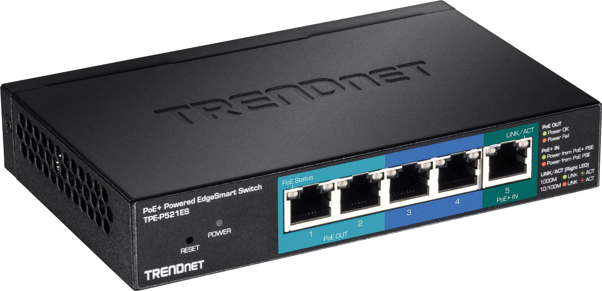 Síťový přepínač Trendnet PoE+ EdgeSmart, pět ethernetových portů, vybavený napájecími a linkovými LED indikátory. Kompaktní černé provedení, vhodné pro síťová připojení.