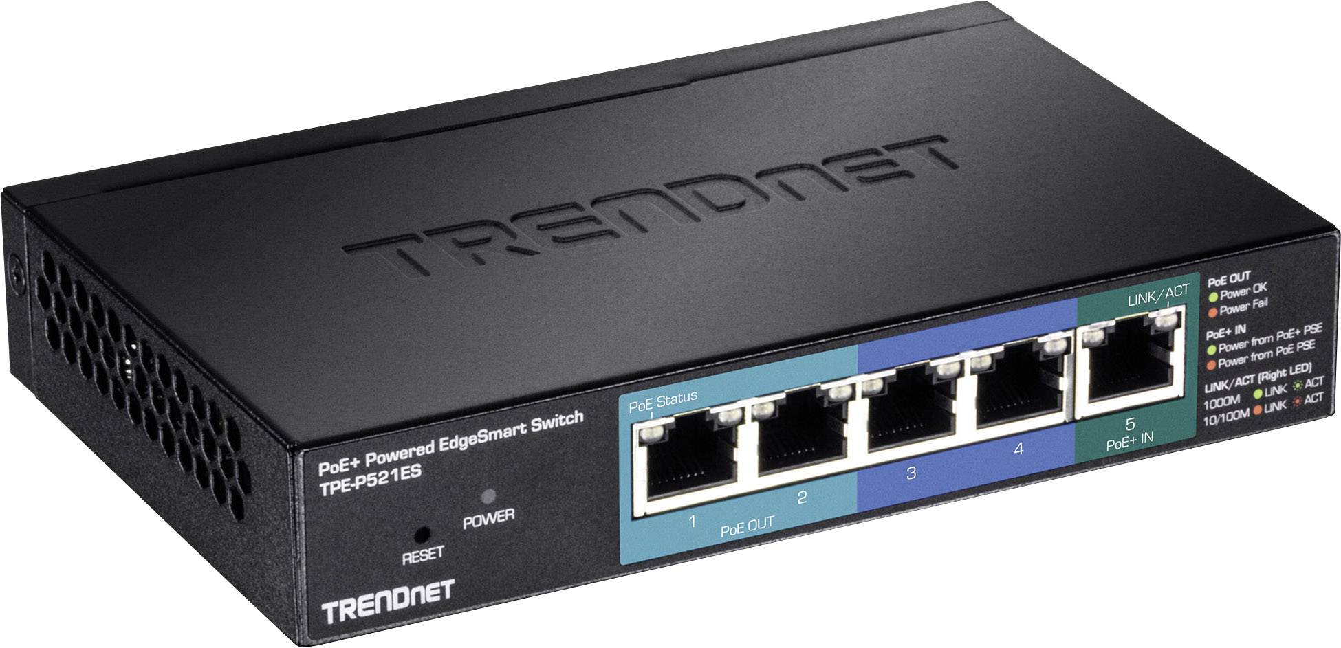 Černý síťový switch značky TRENDnet s pěti ethernetovými porty, napájecí LED a funkcí PoE.