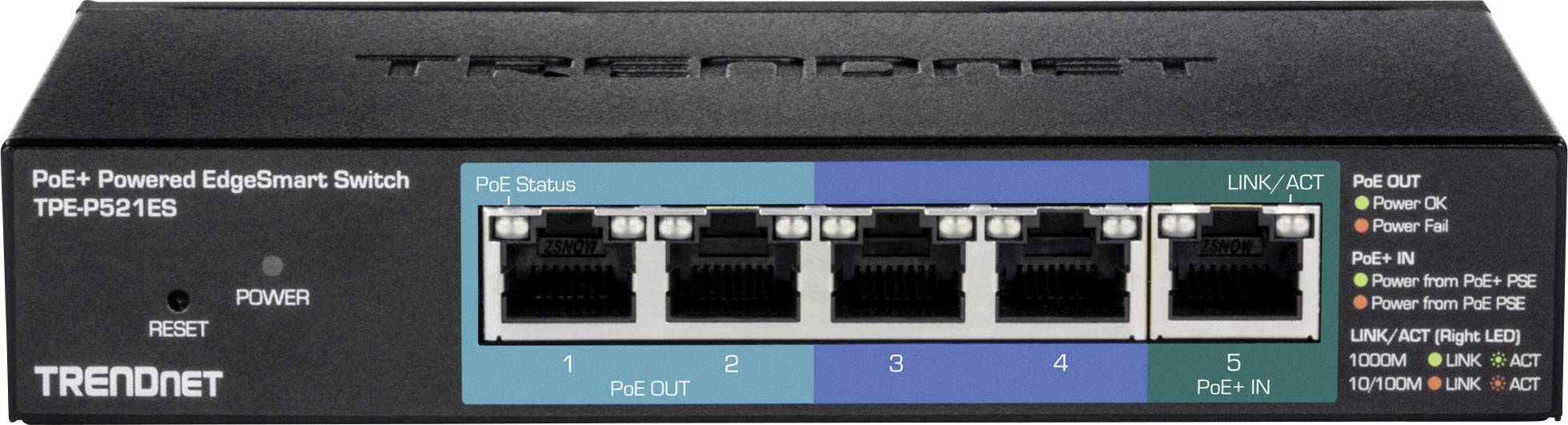 PoE+ edge switch s pěti ethernetovými porty a LED indikátory pro stav, napájení a síťovou aktivitu.