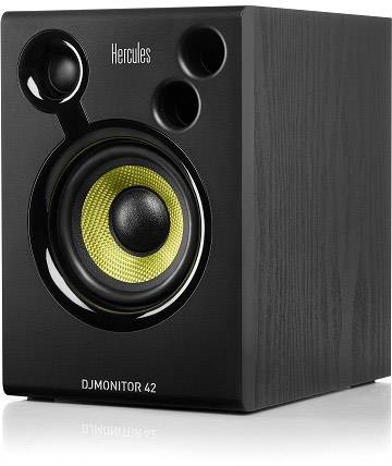 Černý reproduktor se žlutou membránou, bassreflexovým portem a nápisem 'Hercules'. Model: DJMonitor 42.