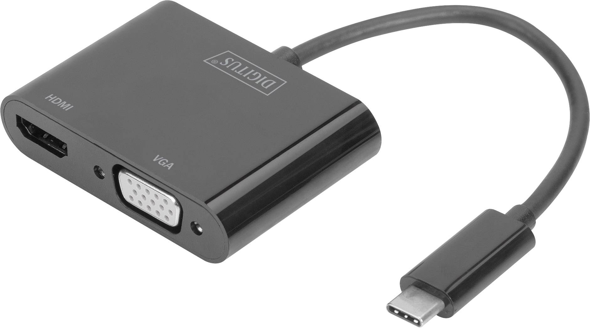 Černý adaptér s USB-C konektorem, výstupy HDMI a VGA. Na těle zařízení je uveden název značky 'Digitus'.
