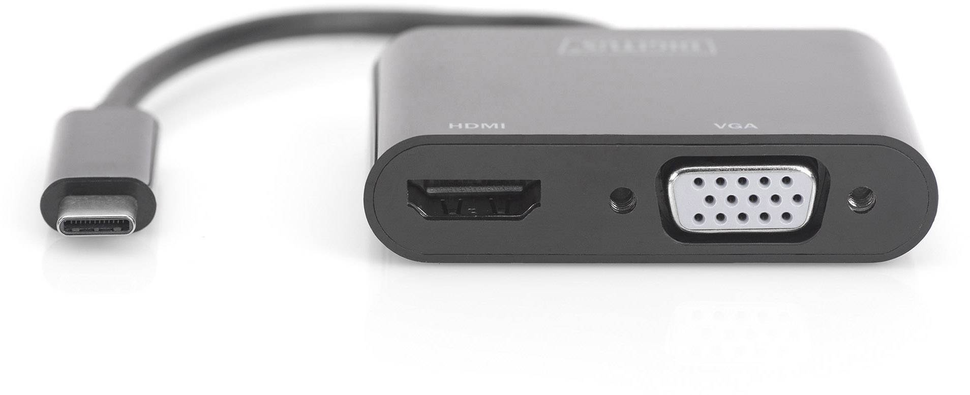USB-C adaptér s HDMI a VGA porty, vhodný pro připojení starších monitorů k moderním notebookům.