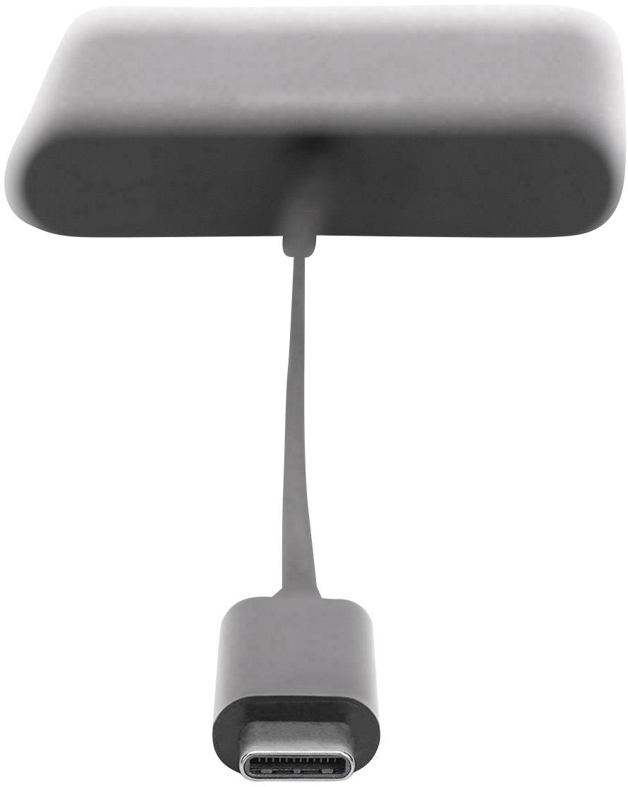 Šedý USB-C adaptér s krátkým kabelem a konektorem, určený především pro použití s moderními elektronickými zařízeními.
