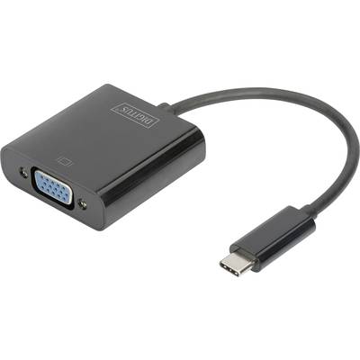 Černý adaptér s VGA konektorem na levé straně a USB-C zástrčkou na straně pravé, který slouží k připojení zařízení.