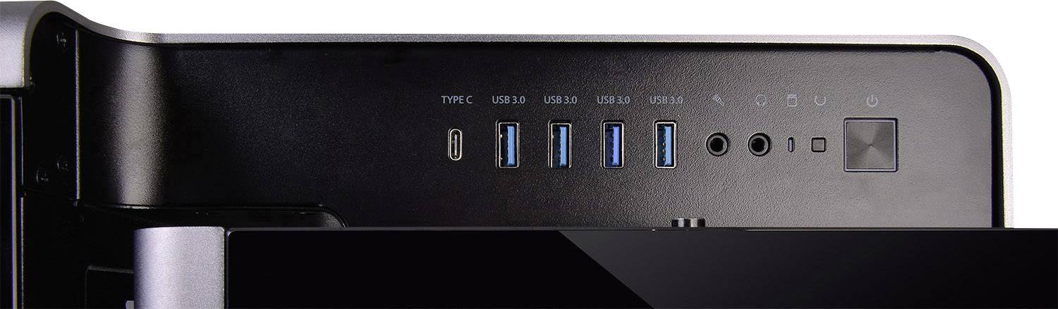 Připojení na počítačové skříni: USB-C, čtyři USB-3.0, audio výstup, mikrofonní vstup, síťový vypínač.