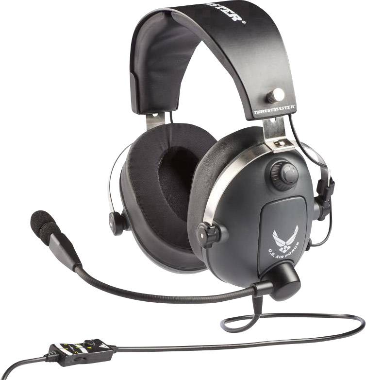 Herní headset s mikrofonem, černý design, umístěný na bílém povrchu. Vhodný pro hráče PC, nabízí pohodlí a čistý přenos zvuku.